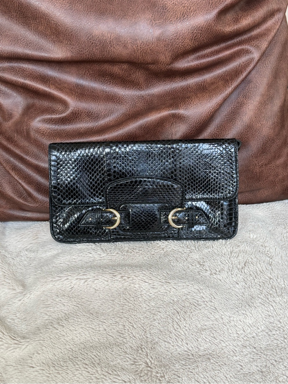 Cole Haan Black Snake-Embossed Leather Clutch Wristlet with Gold Buckle Detail